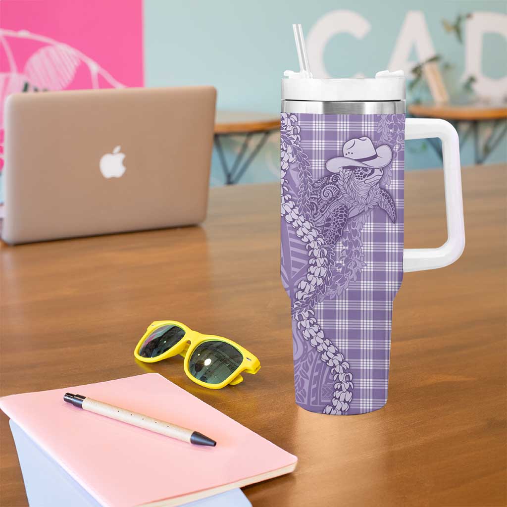 Purple Hawaii Palaka Cowboy Turtle Tumbler With Handle Hawaiian Paniolo Puakenikeni Maile Lei - Polynesian Pride