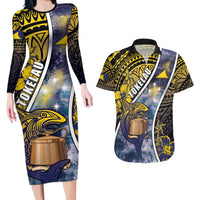 Personalised Tokelau Couples Matching Long Sleeve Bodycon Dress and Hawaiian Shirt National Badge Waves Style