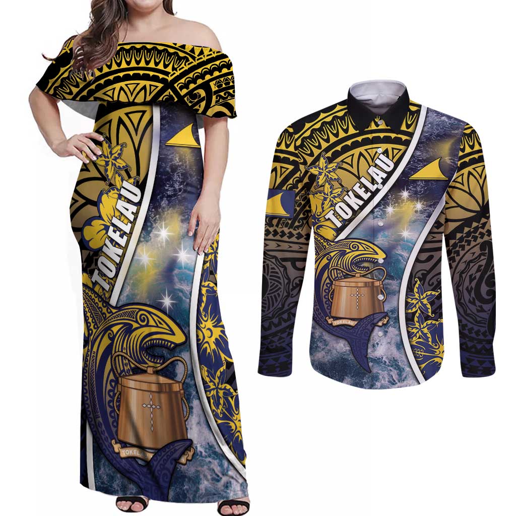 Personalised Tokelau Couples Matching Off Shoulder Maxi Dress and Long Sleeve Button Shirt National Badge Waves Style DT05 Yellow - Polynesian Pride