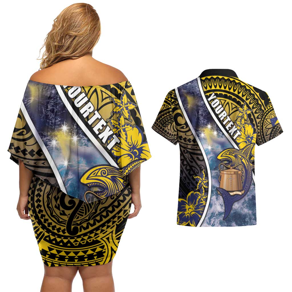 Personalised Tokelau Couples Matching Off Shoulder Short Dress and Hawaiian Shirt National Badge Waves Style