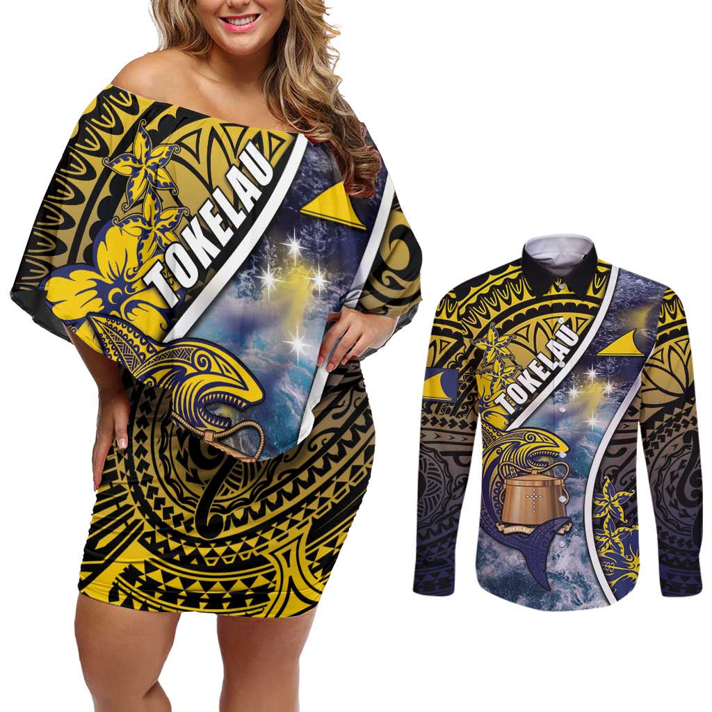 Personalised Tokelau Couples Matching Off Shoulder Short Dress and Long Sleeve Button Shirt National Badge Waves Style DT05 Yellow - Polynesian Pride