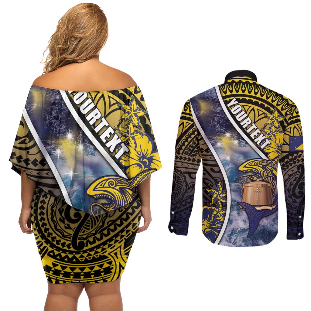 Personalised Tokelau Couples Matching Off Shoulder Short Dress and Long Sleeve Button Shirt National Badge Waves Style