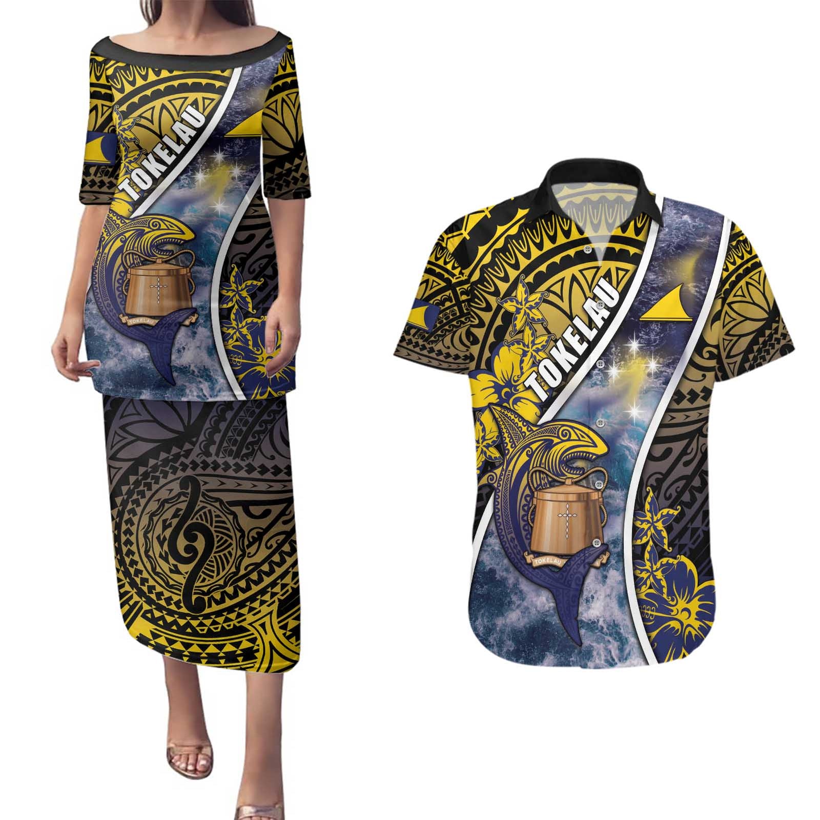 Personalised Tokelau Couples Matching Puletasi and Hawaiian Shirt National Badge Waves Style DT05 Yellow - Polynesian Pride