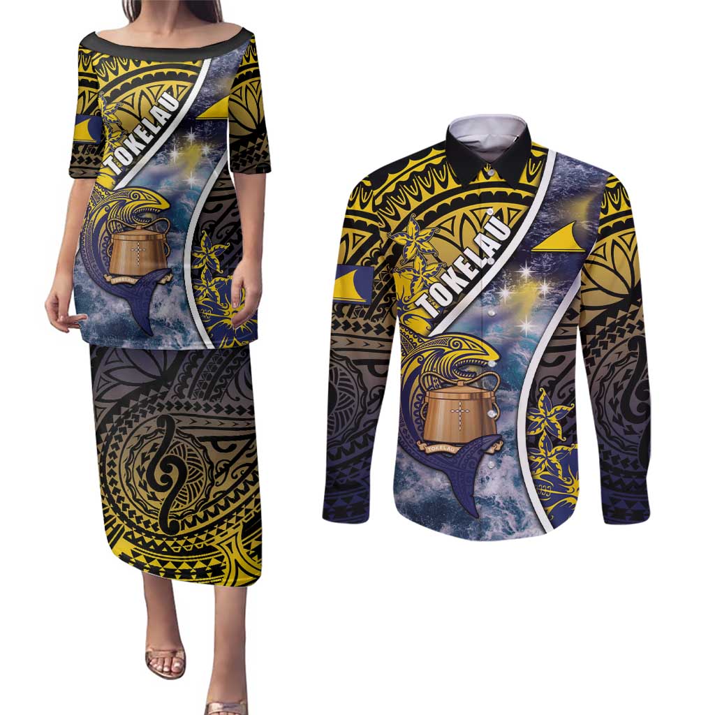 Personalised Tokelau Couples Matching Puletasi and Long Sleeve Button Shirt National Badge Waves Style DT05 Yellow - Polynesian Pride
