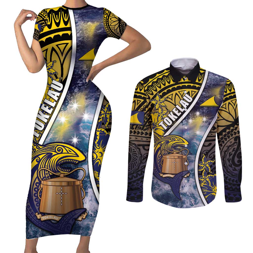 Personalised Tokelau Couples Matching Short Sleeve Bodycon Dress and Long Sleeve Button Shirt National Badge Waves Style