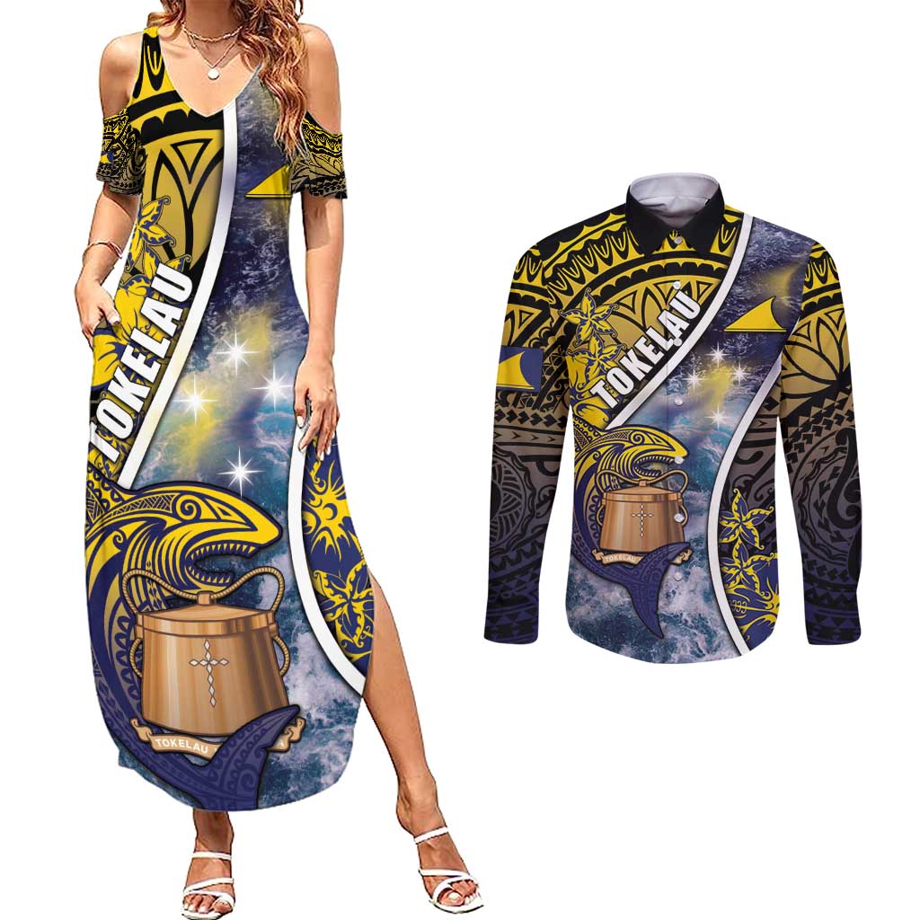 Personalised Tokelau Couples Matching Summer Maxi Dress and Long Sleeve Button Shirt National Badge Waves Style DT05 Yellow - Polynesian Pride