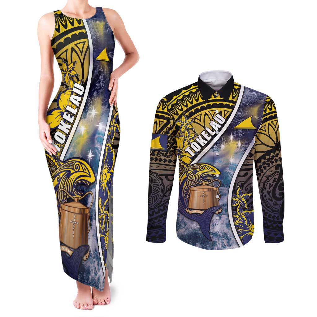 Personalised Tokelau Couples Matching Tank Maxi Dress and Long Sleeve Button Shirt National Badge Waves Style DT05 Yellow - Polynesian Pride