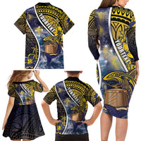Personalised Tokelau Family Matching Long Sleeve Bodycon Dress and Hawaiian Shirt National Badge Waves Style