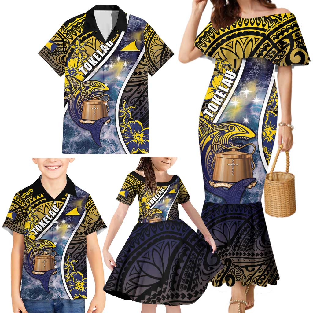 Personalised Tokelau Family Matching Mermaid Dress and Hawaiian Shirt National Badge Waves Style