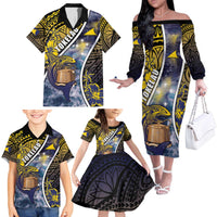 Personalised Tokelau Family Matching Off The Shoulder Long Sleeve Dress and Hawaiian Shirt National Badge Waves Style