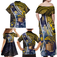Personalised Tokelau Family Matching Off Shoulder Maxi Dress and Hawaiian Shirt National Badge Waves Style