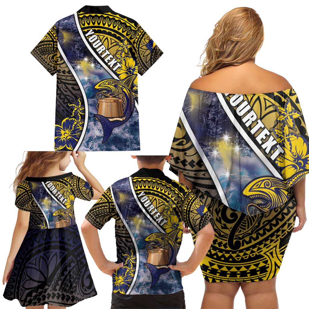 Personalised Tokelau Family Matching Off Shoulder Short Dress and Hawaiian Shirt National Badge Waves Style