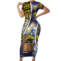 Personalised Tokelau Family Matching Short Sleeve Bodycon Dress and Hawaiian Shirt National Badge Waves Style