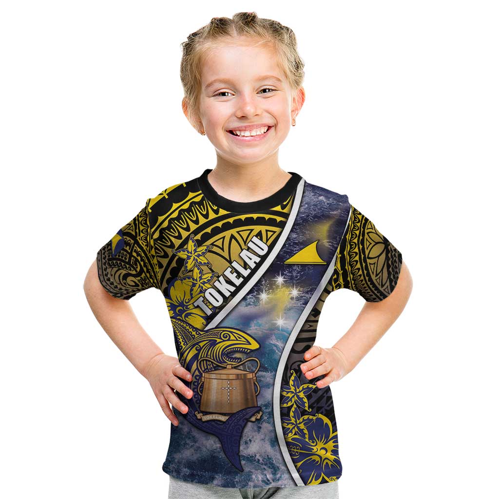 Personalised Tokelau Kid T Shirt National Badge Waves Style DT05 Yellow - Polynesian Pride