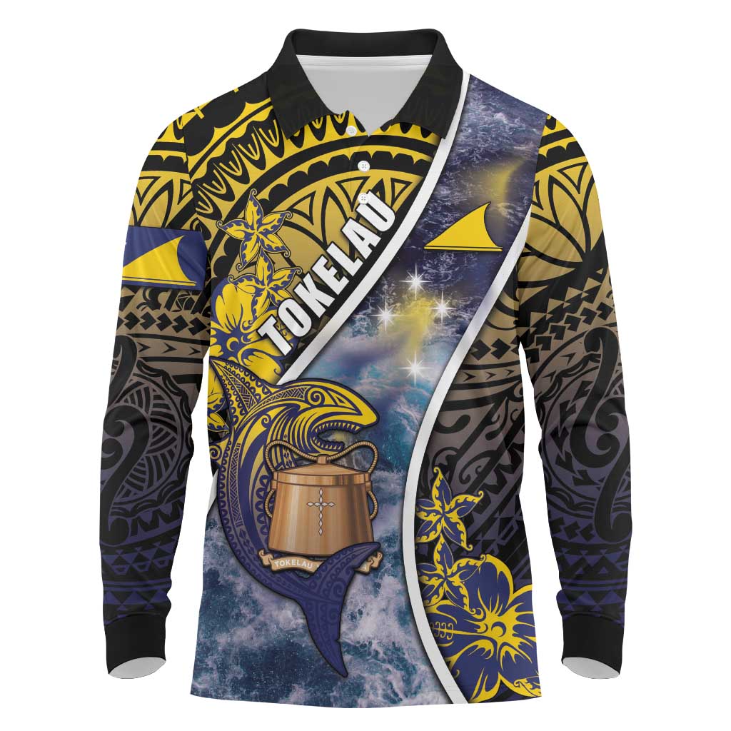 Personalised Tokelau Long Sleeve Polo Shirt National Badge Waves Style DT05 Yellow - Polynesian Pride