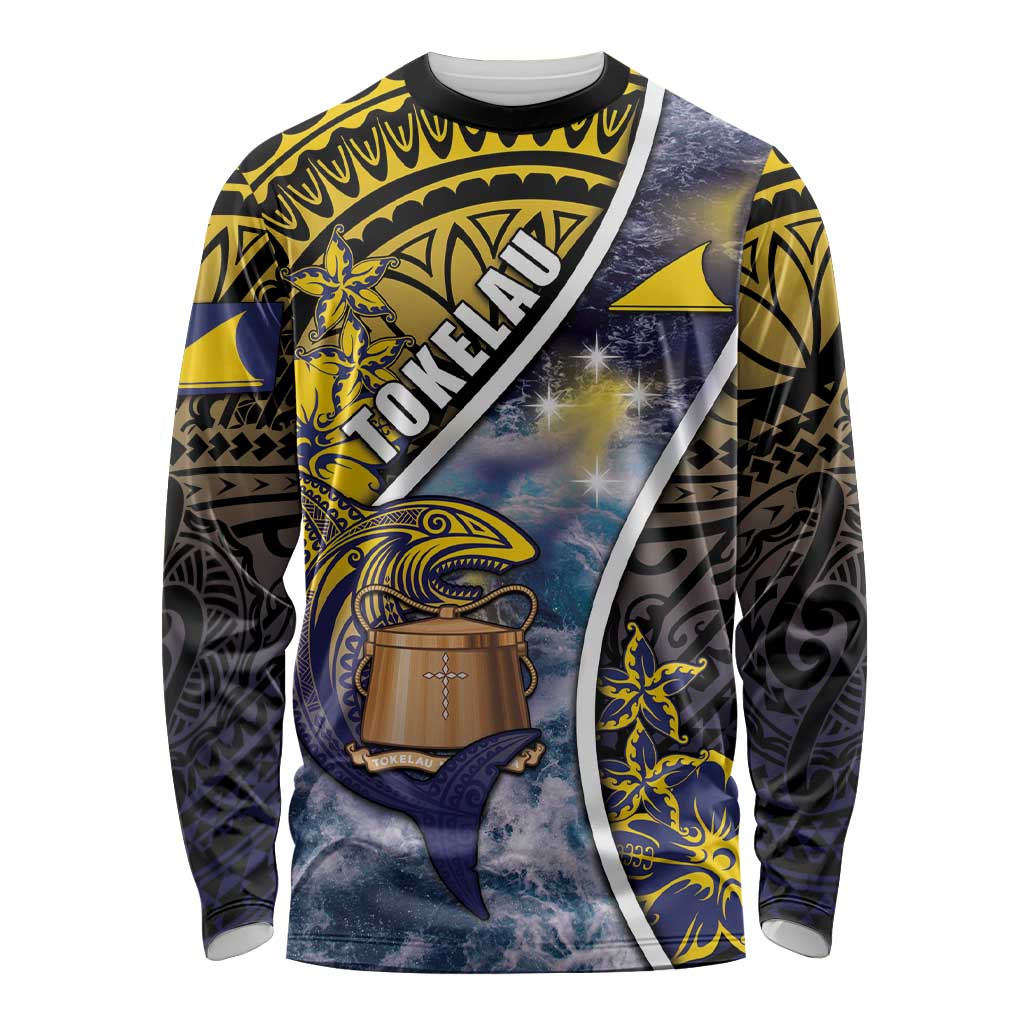 Personalised Tokelau Long Sleeve Shirt National Badge Waves Style DT05 Unisex Yellow - Polynesian Pride