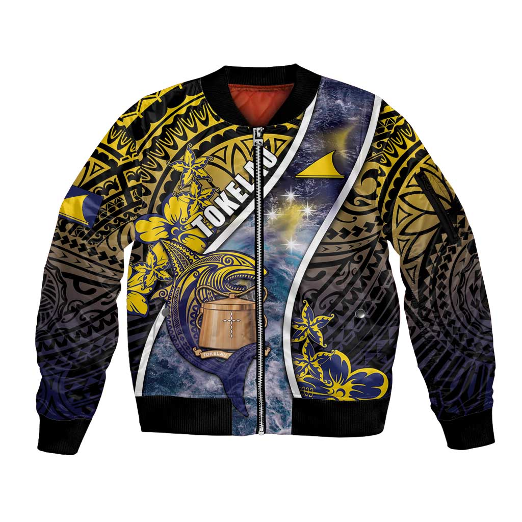 Personalised Tokelau Sleeve Zip Bomber Jacket National Badge Waves Style DT05 Unisex Yellow - Polynesian Pride