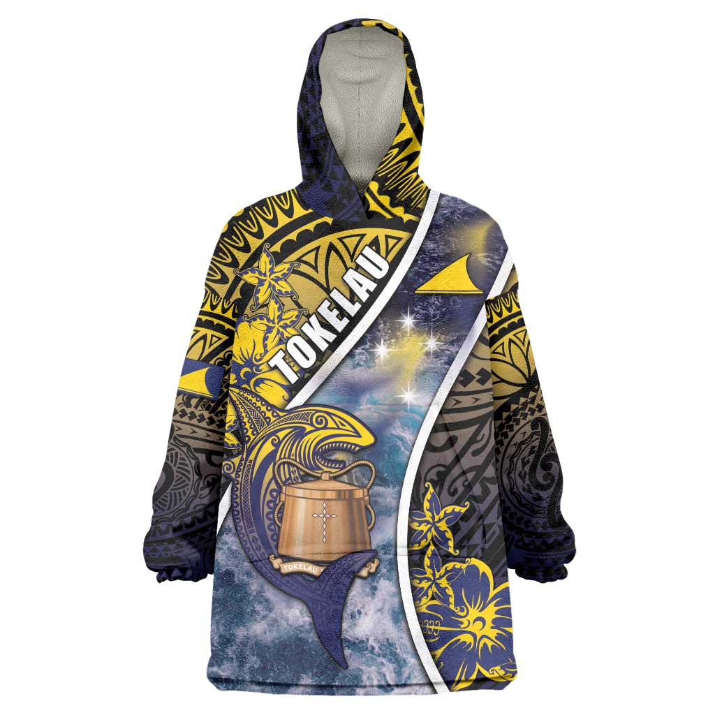 Personalised Tokelau Wearable Blanket Hoodie National Badge Waves Style DT05 One Size Yellow - Polynesian Pride