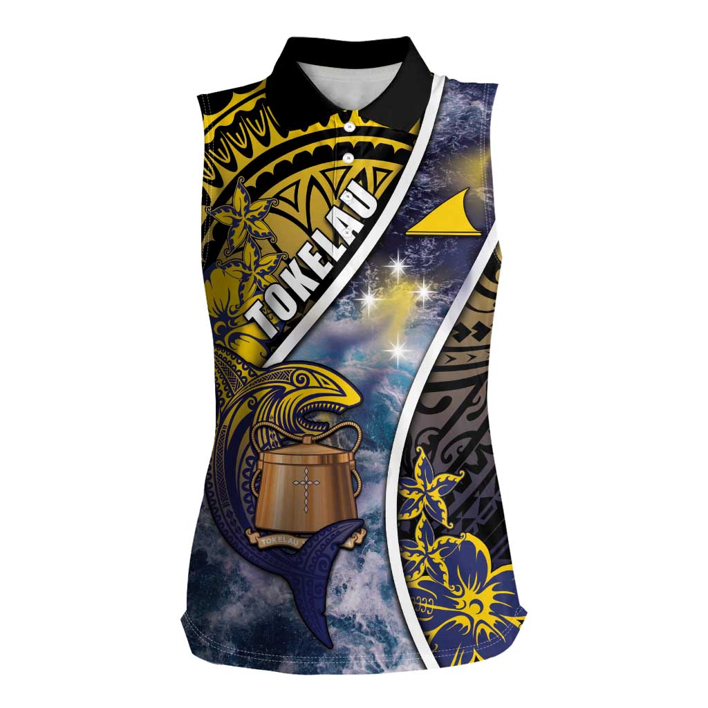 Personalised Tokelau Women Sleeveless Polo Shirt National Badge Waves Style DT05 Female Yellow - Polynesian Pride