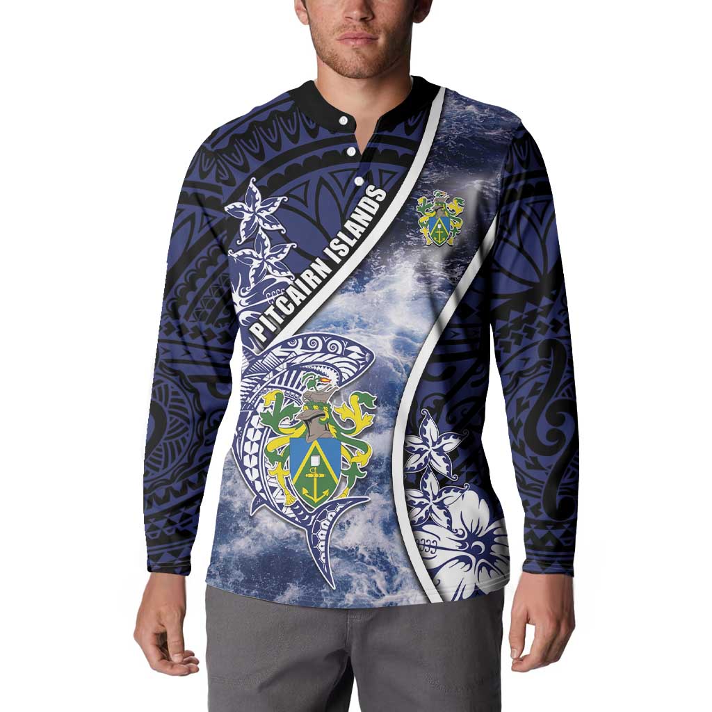 Personalised Pitcairn Islands Button Sweatshirt Coat Of Arms Waves Style