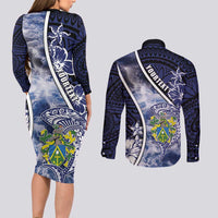 Personalised Pitcairn Islands Couples Matching Long Sleeve Bodycon Dress and Long Sleeve Button Shirt Coat Of Arms Waves Style