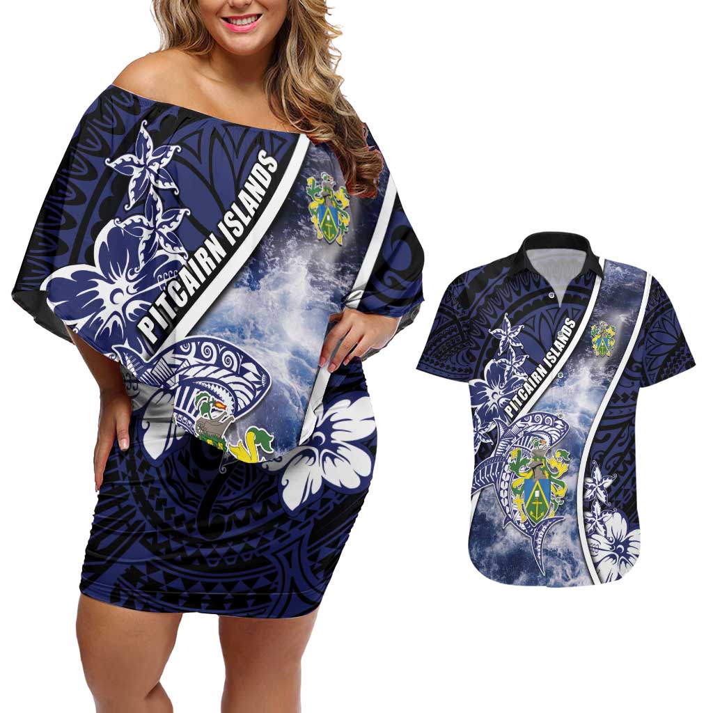 Personalised Pitcairn Islands Couples Matching Off Shoulder Short Dress and Hawaiian Shirt Coat Of Arms Waves Style