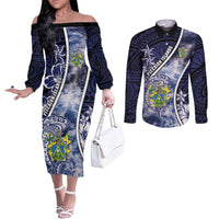 Personalised Pitcairn Islands Couples Matching Off The Shoulder Long Sleeve Dress and Long Sleeve Button Shirt Coat Of Arms Waves Style