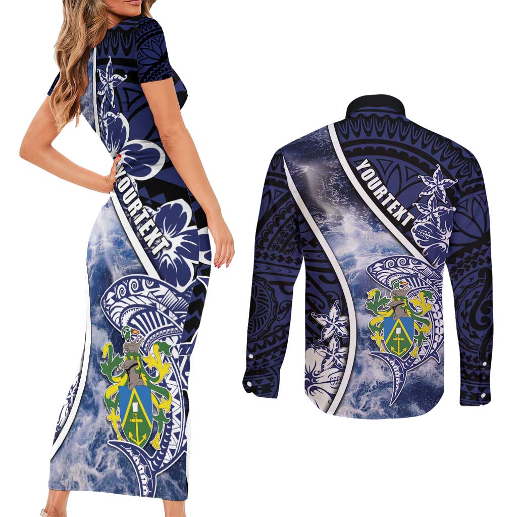 Personalised Pitcairn Islands Couples Matching Short Sleeve Bodycon Dress and Long Sleeve Button Shirt Coat Of Arms Waves Style