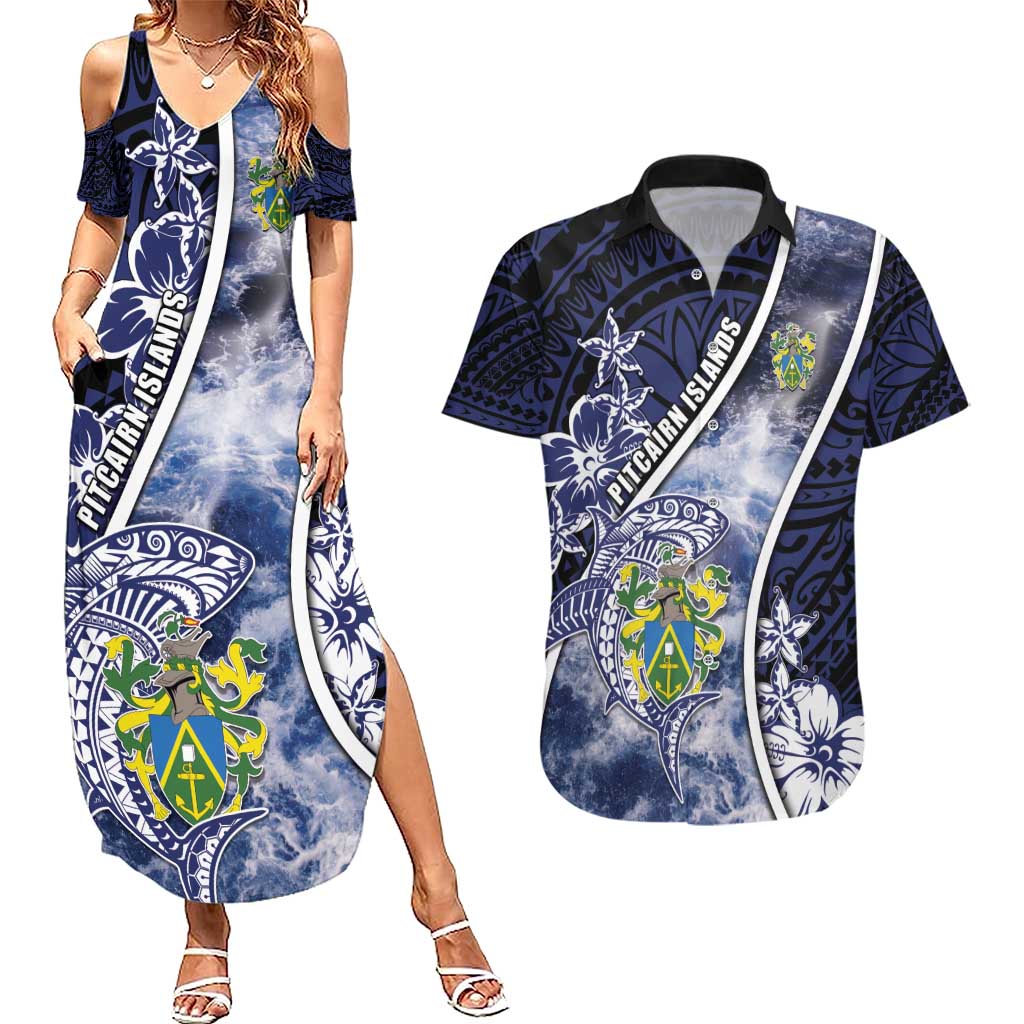 Personalised Pitcairn Islands Couples Matching Summer Maxi Dress and Hawaiian Shirt Coat Of Arms Waves Style
