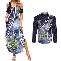 Personalised Pitcairn Islands Couples Matching Summer Maxi Dress and Long Sleeve Button Shirt Coat Of Arms Waves Style
