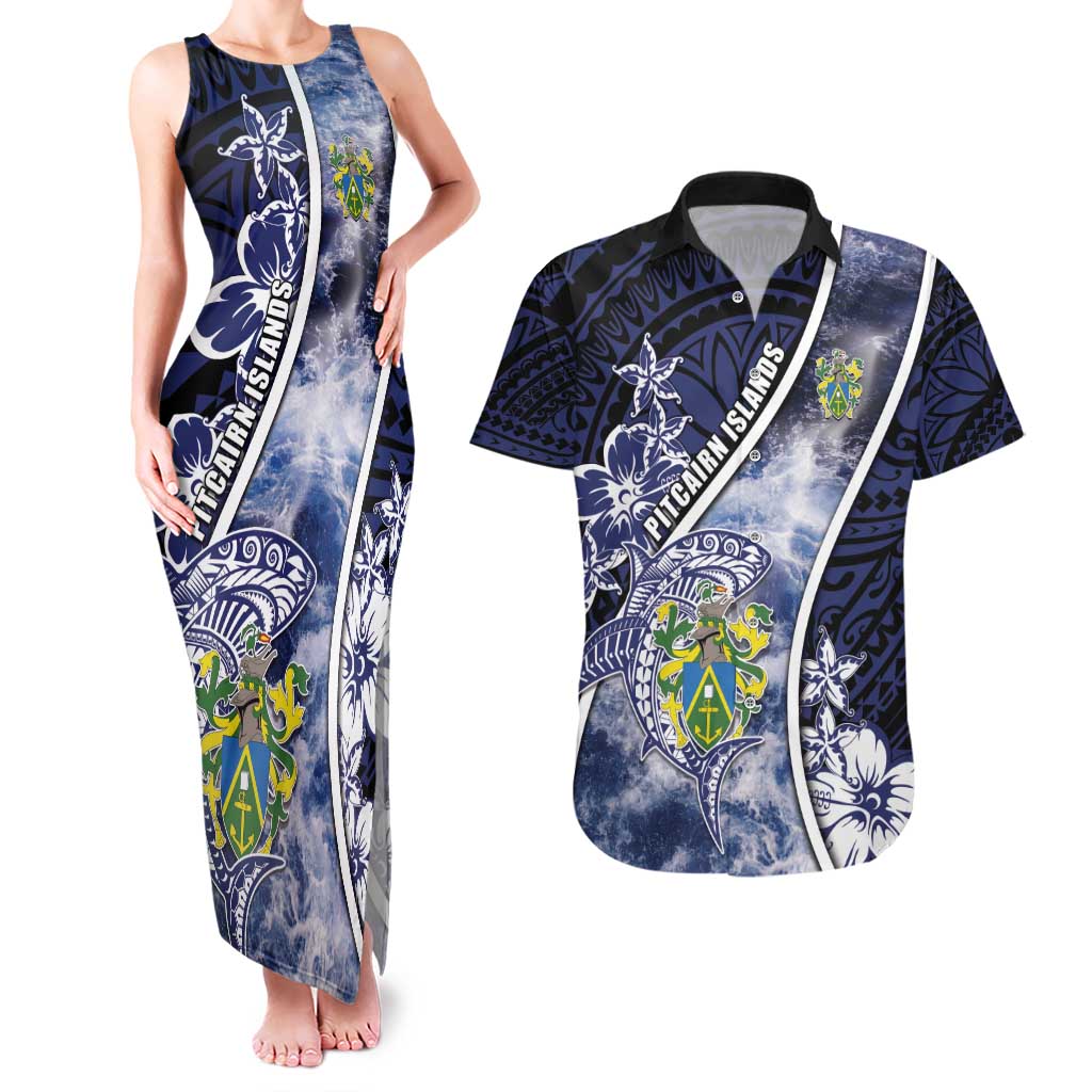 Personalised Pitcairn Islands Couples Matching Tank Maxi Dress and Hawaiian Shirt Coat Of Arms Waves Style