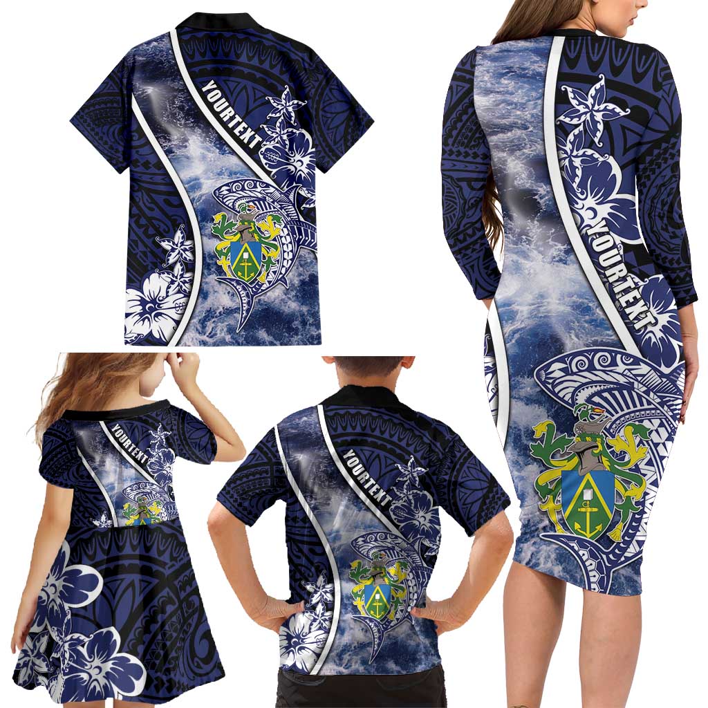 Personalised Pitcairn Islands Family Matching Long Sleeve Bodycon Dress and Hawaiian Shirt Coat Of Arms Waves Style