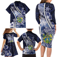 Personalised Pitcairn Islands Family Matching Long Sleeve Bodycon Dress and Hawaiian Shirt Coat Of Arms Waves Style