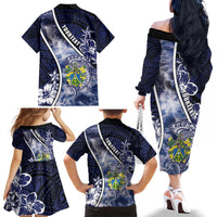 Personalised Pitcairn Islands Family Matching Off The Shoulder Long Sleeve Dress and Hawaiian Shirt Coat Of Arms Waves Style