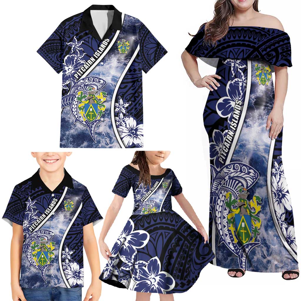Personalised Pitcairn Islands Family Matching Off Shoulder Maxi Dress and Hawaiian Shirt Coat Of Arms Waves Style