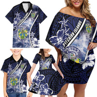 Personalised Pitcairn Islands Family Matching Off Shoulder Short Dress and Hawaiian Shirt Coat Of Arms Waves Style