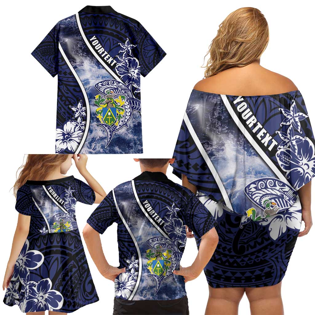 Personalised Pitcairn Islands Family Matching Off Shoulder Short Dress and Hawaiian Shirt Coat Of Arms Waves Style