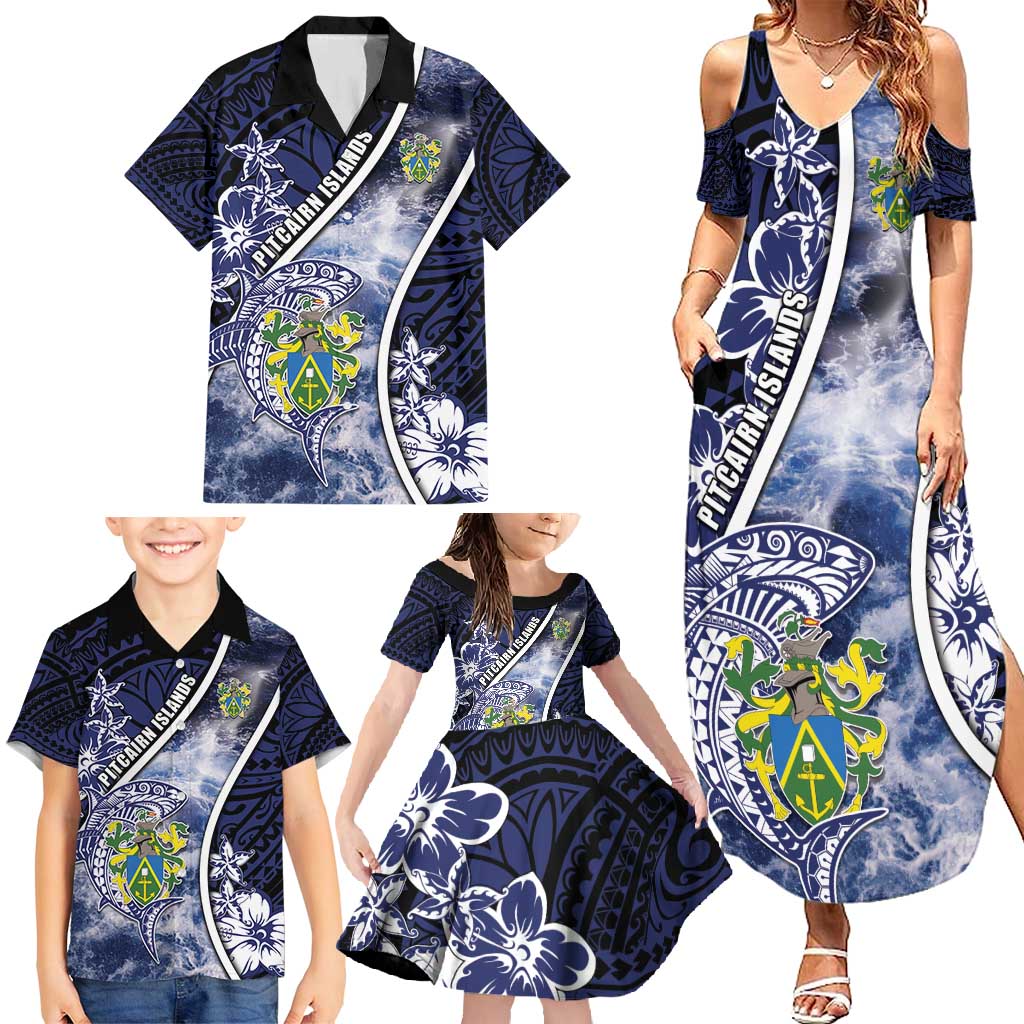 Personalised Pitcairn Islands Family Matching Summer Maxi Dress and Hawaiian Shirt Coat Of Arms Waves Style