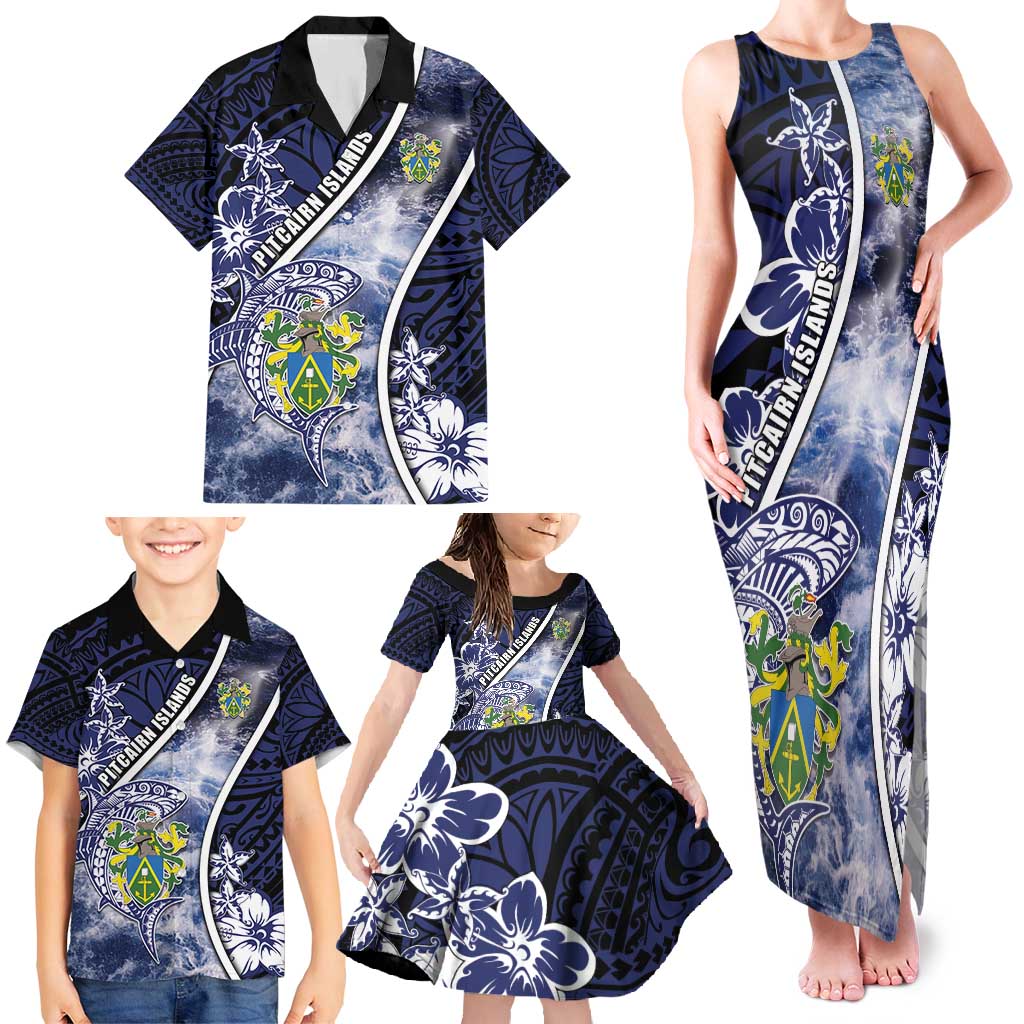 Personalised Pitcairn Islands Family Matching Tank Maxi Dress and Hawaiian Shirt Coat Of Arms Waves Style