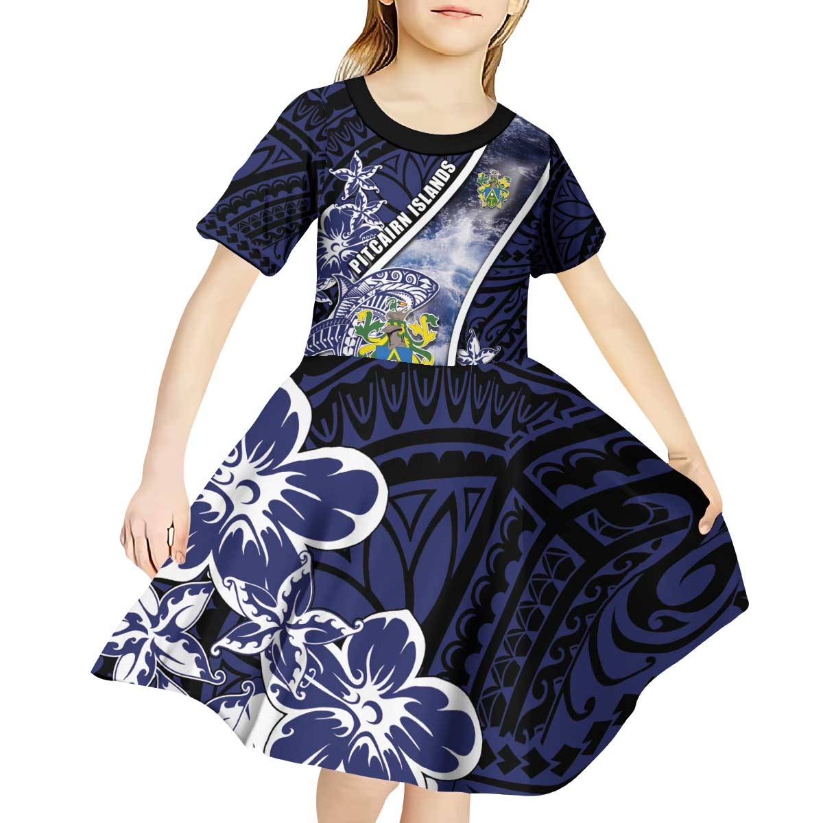 Personalised Pitcairn Islands Kid Short Sleeve Dress Coat Of Arms Waves Style