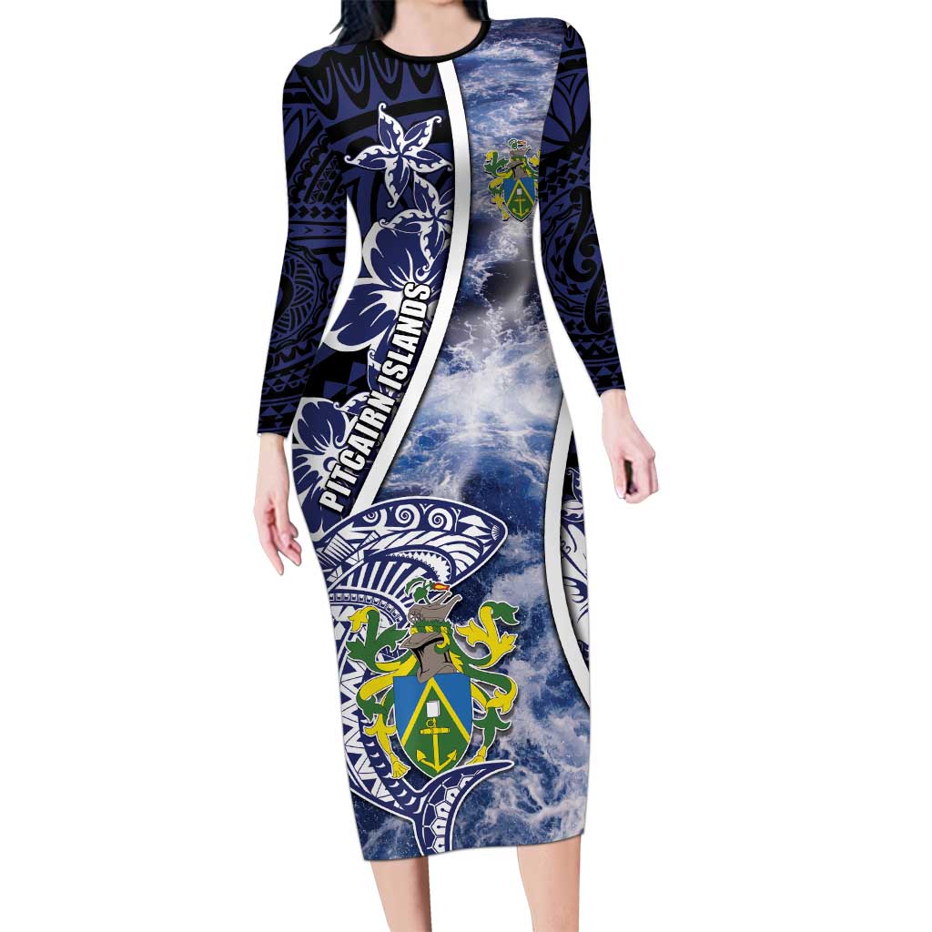 Personalised Pitcairn Islands Long Sleeve Bodycon Dress Coat Of Arms Waves Style