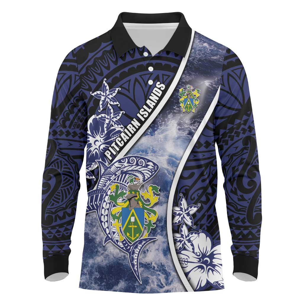 Personalised Pitcairn Islands Long Sleeve Polo Shirt Coat Of Arms Waves Style