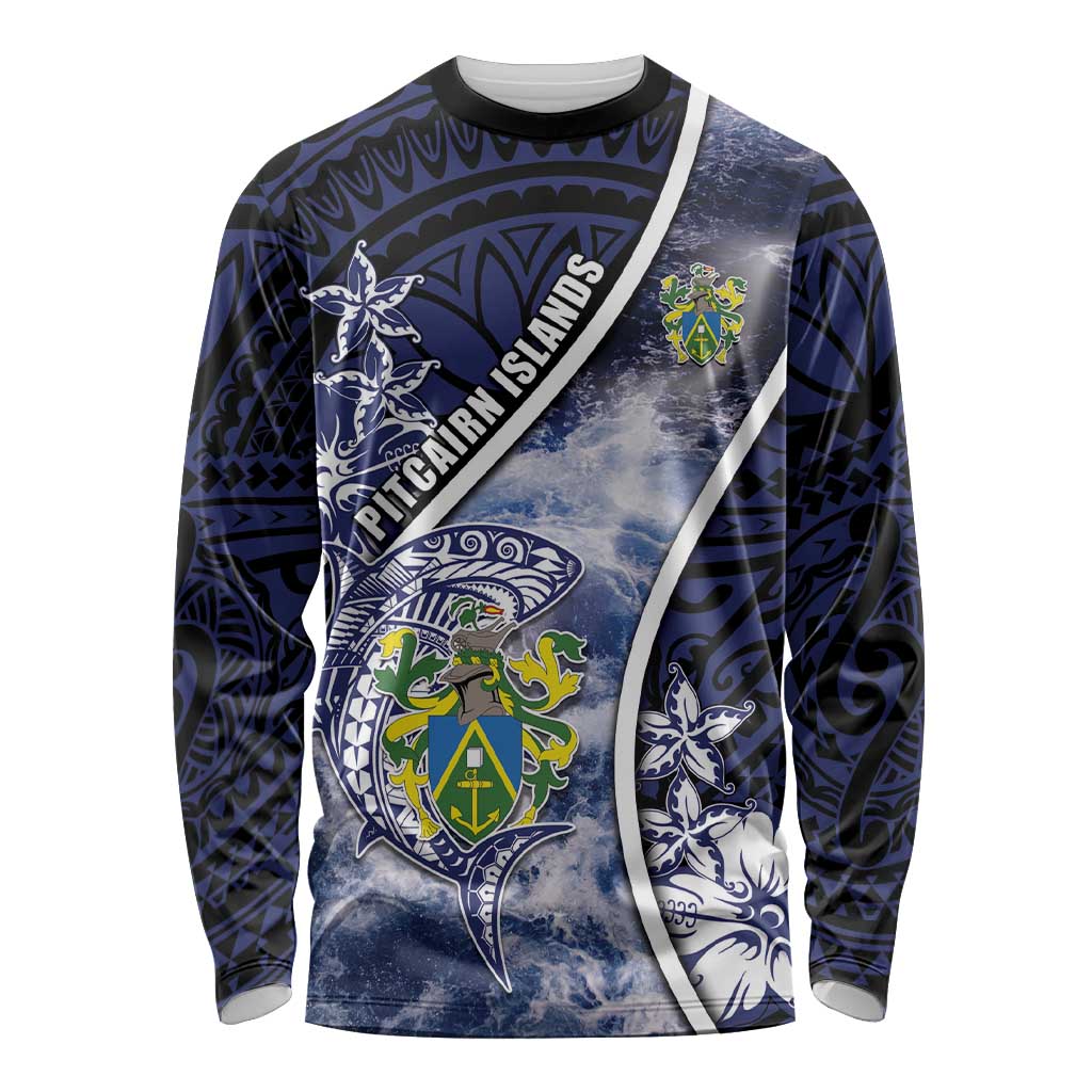 Personalised Pitcairn Islands Long Sleeve Shirt Coat Of Arms Waves Style