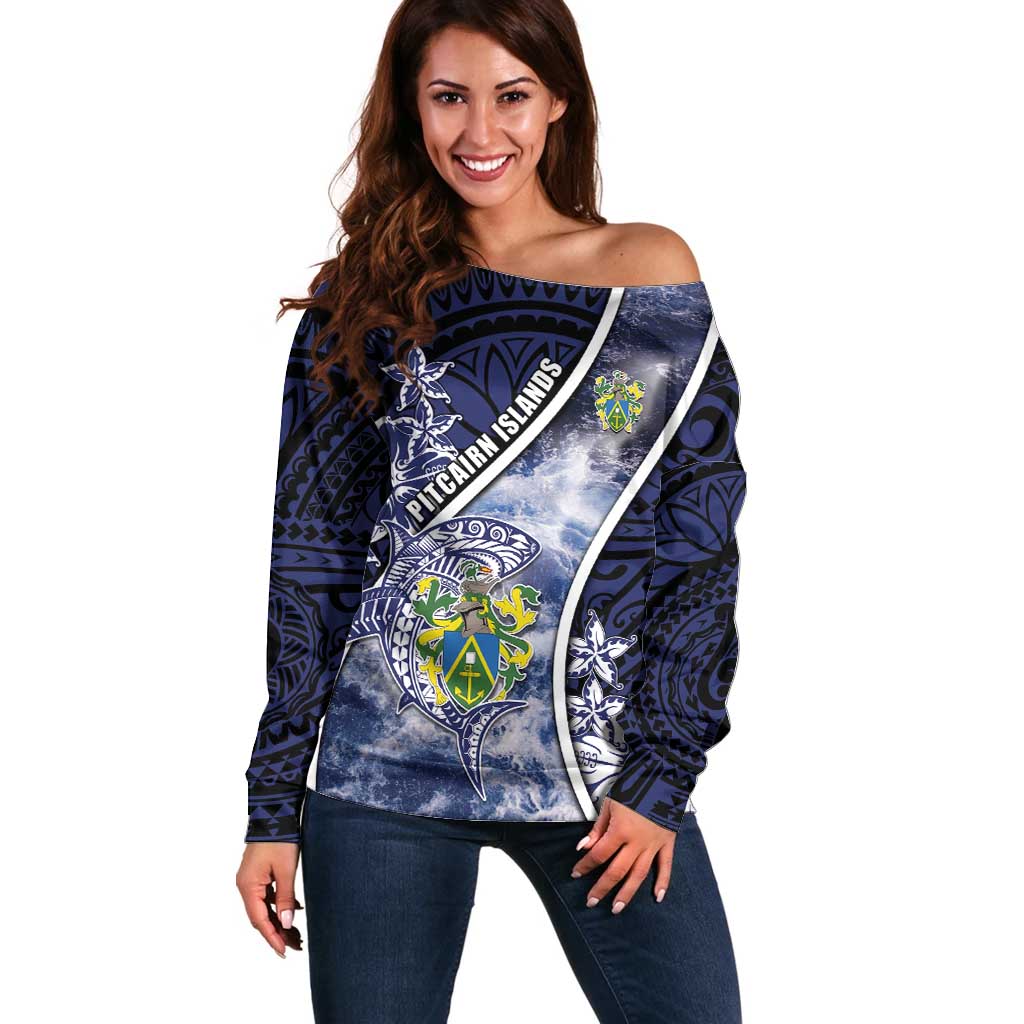 Personalised Pitcairn Islands Off Shoulder Sweater Coat Of Arms Waves Style