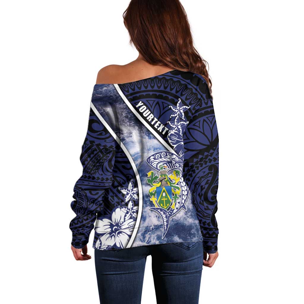 Personalised Pitcairn Islands Off Shoulder Sweater Coat Of Arms Waves Style