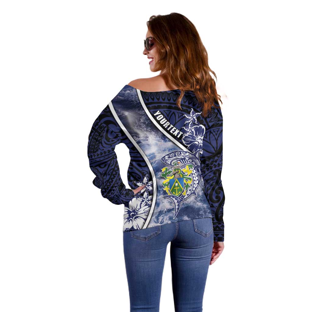 Personalised Pitcairn Islands Off Shoulder Sweater Coat Of Arms Waves Style