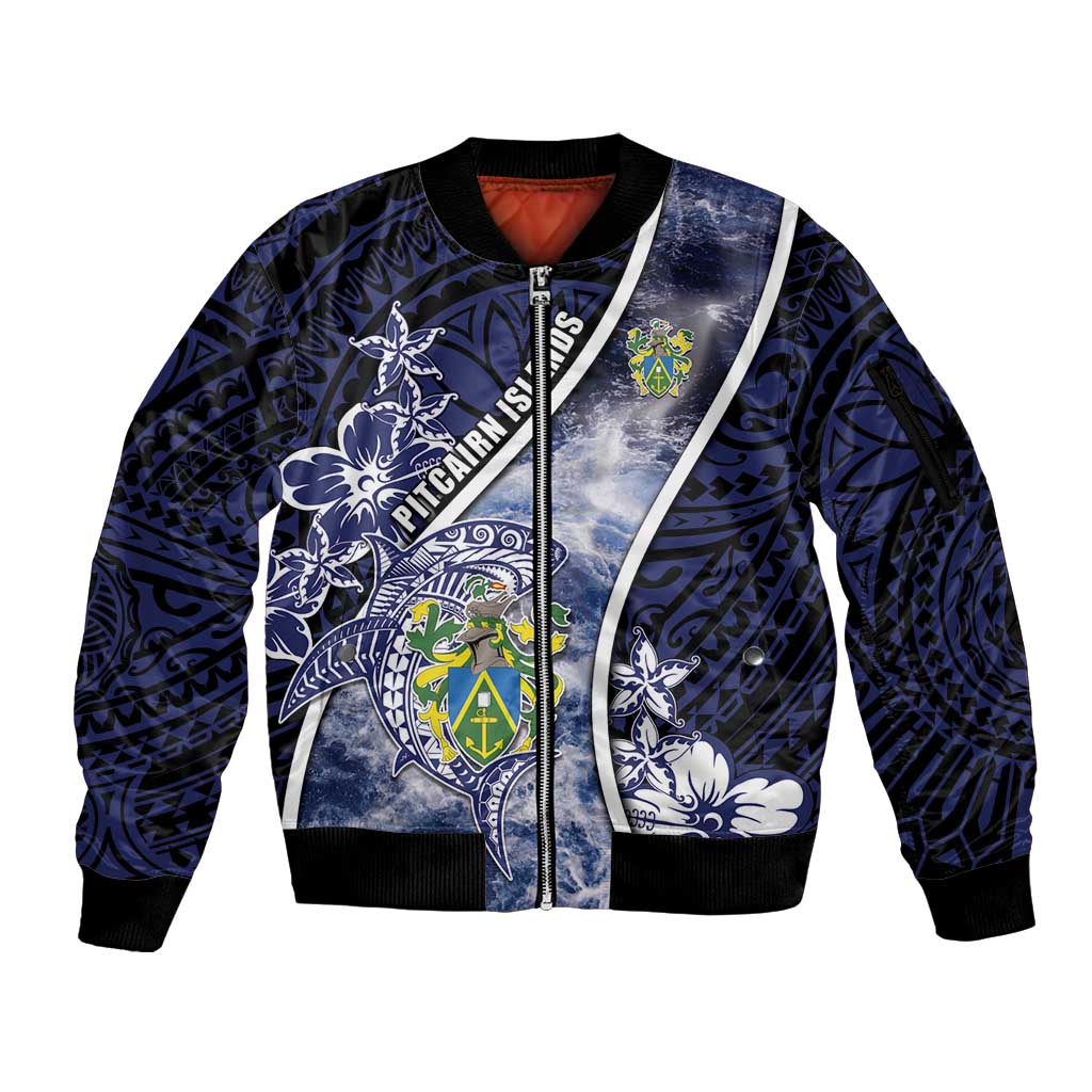 Personalised Pitcairn Islands Sleeve Zip Bomber Jacket Coat Of Arms Waves Style