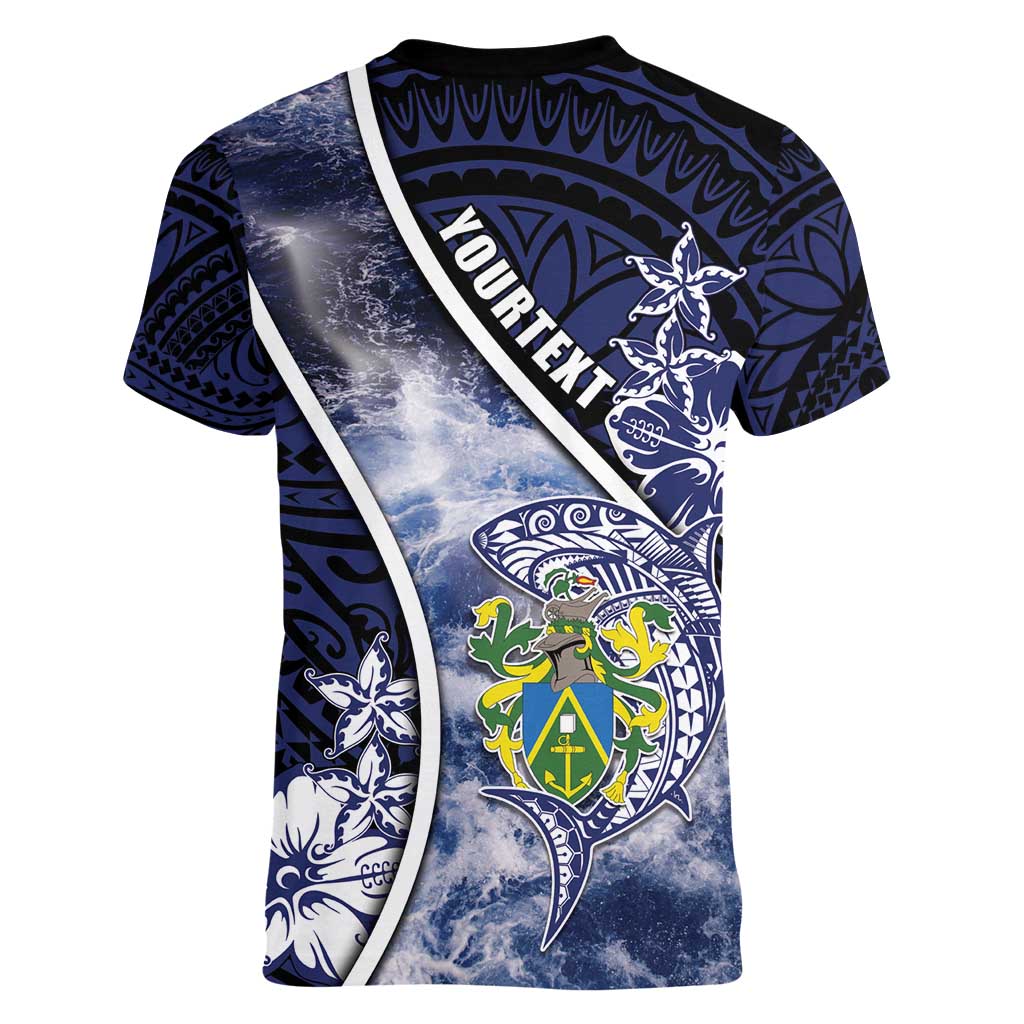 Personalised Pitcairn Islands Women V-Neck T-Shirt Coat Of Arms Waves Style