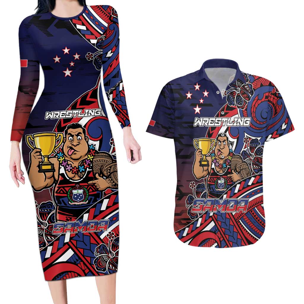 Personalised Samoa Wrestling Couples Matching Long Sleeve Bodycon Dress and Hawaiian Shirt Polynesian Warrior Funny Style - Polynesian Pride