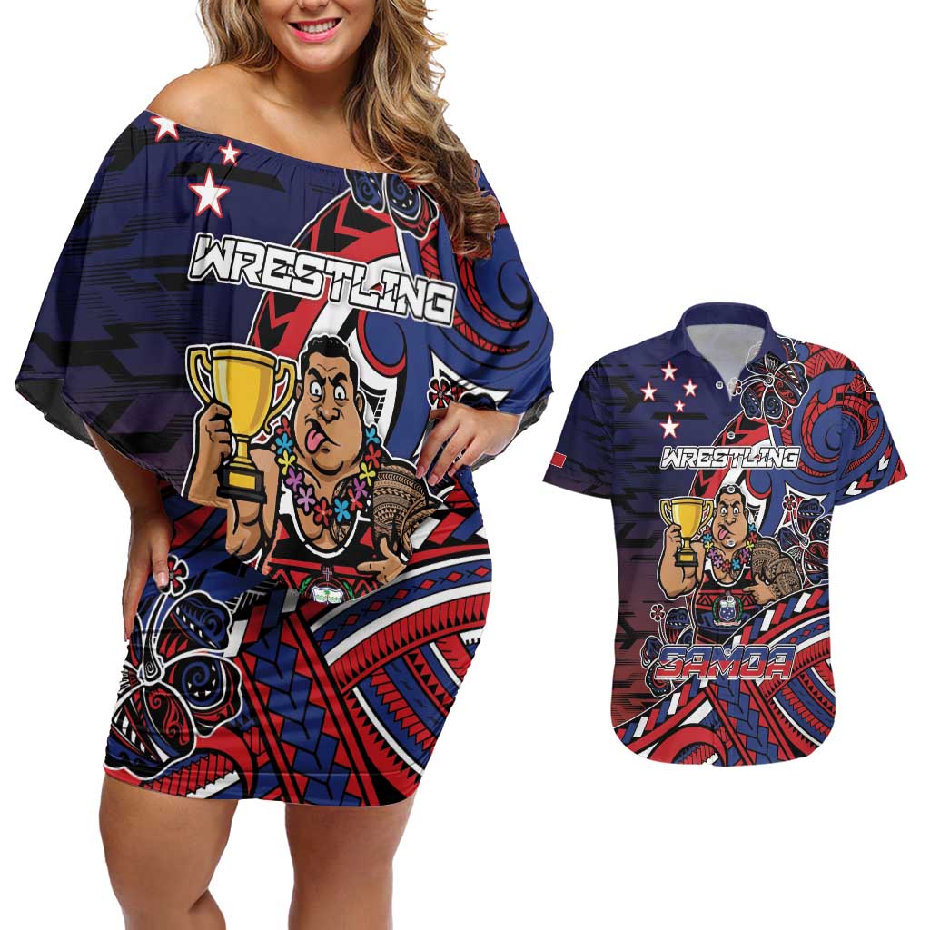 Personalised Samoa Wrestling Couples Matching Off Shoulder Short Dress and Hawaiian Shirt Polynesian Warrior Funny Style - Polynesian Pride